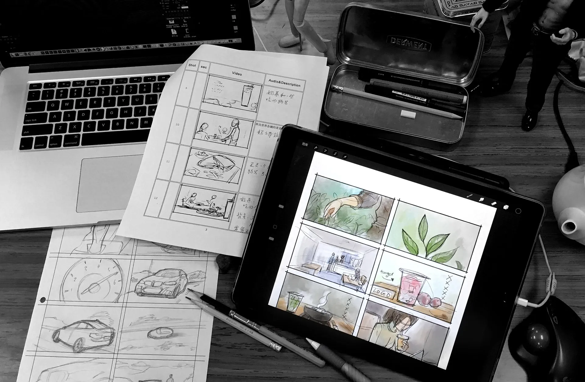 Hand-drawn storyboards and pre-production planning